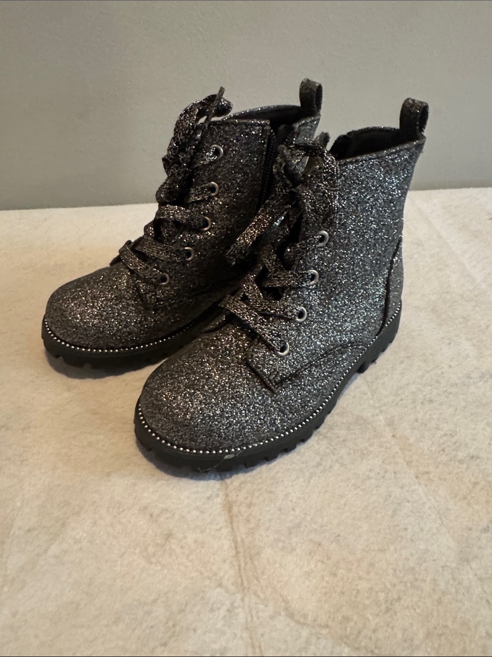 Cynthia Rowley Black Glitter Lace-Up Kids Combat Boots